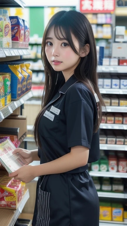 (onoff,side-by-side photo,split screen),(masterpiece:1.4), (best quality:1.4) ,8K,cinematic lighting,((best quality)), (masterpiece) , (realistic shadow) , (depth of field),(intricate details:1.4), 1girl,Japanese,(Black mideum flipped hair with asymmetrical bangs:1.3),Happy smiling face,(Slender body:1.4),hairy pussy,konbini, scenery, shop,convinience store,food, indoors,LAWSONU, employee uniform, uniform,id card, striped, shirt, pants, standing,