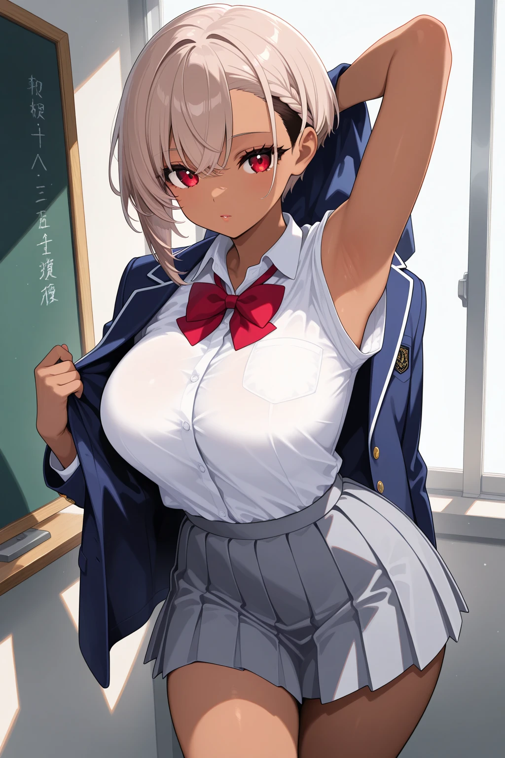 Highest quality、Realistic、、Japanese、zoom、cute、classroom、Grey Eyes、Light brown hair、Bob Hair、、Open white blouse、ribbon、Blue Check Pleated Skirt、Pink Bra、Skirt flip、Bink's Panties、Face close-up、thin、Small breasts、Pouting、