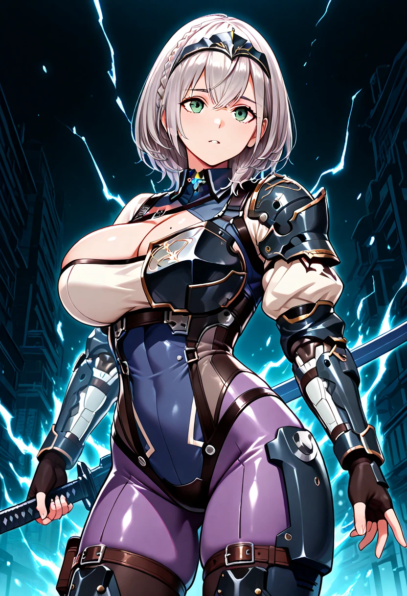 4K, Masterpiece, A high resolution, absurderes,, Thunderball, A woman in blue and gold armor ,wearing edgThunderstruck_Armor, electrified, weilding thunder,