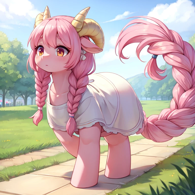 NSFW, anthro, furry, wide hips, butt focus, looking back, cute, pink hair, teal eyes, blushing, furry art, masterpiece, forest, waterfall, flowers on e621, pony, pony head, yellow body, pink hair, tail, pink tail, tail on body, tail lifted