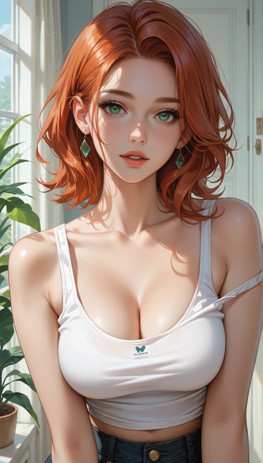 1girl, natural lighting, masterpiece, highly detailed, illustration, game CG, absurdres, high quality, beautiful detailed eyes, glossy lips, natural lighting, medium breasts, redhead, bangs, green eyes, freckles, sitting, bench, tank top, cleavage, short shorts, light smile