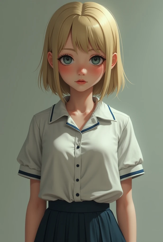 a female, blonde hair, chubby, little, cute, pixar character, devian art, disney look, grey background, --auto --s2