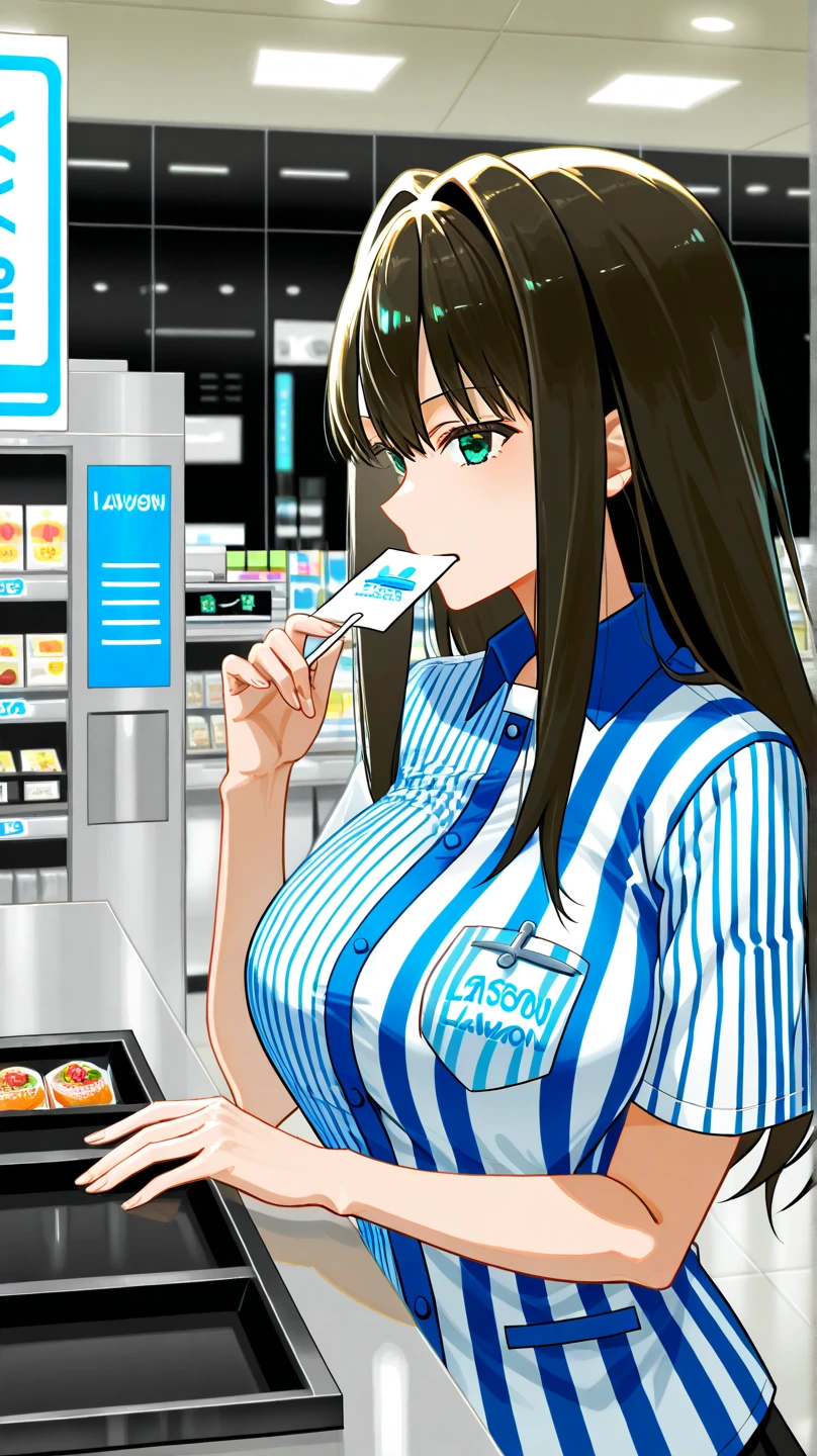 (masterpiece:1.37), best quality, (extremely detailed:1.37), woman, mature, adult, large breasts, very long hair, (straight hair:1.5), dark purple hair, purple eyes, (extremely detailed eyes:1.37), hoodie, jeans, (groin:1.25), desperation, (wetting: self 3.0), standing, indoors, interior, futuristic, neon lighting, high-tech, street, store, counter, anime merchandise