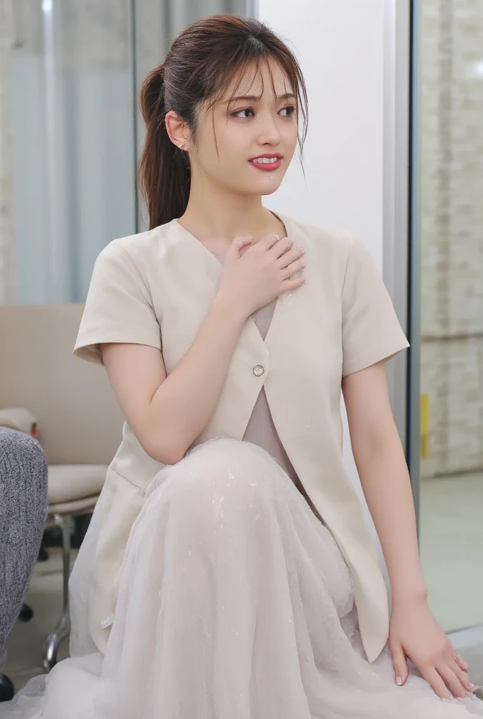 Japanese female, (underweight), (flat chest best quality:1.5), 30 years old, (cheerful grin:1.3),
cathedral, blissful, walking, semi long, (cream dress), Joyful Scene, (with virgin mary), mystical atmosphere, from below