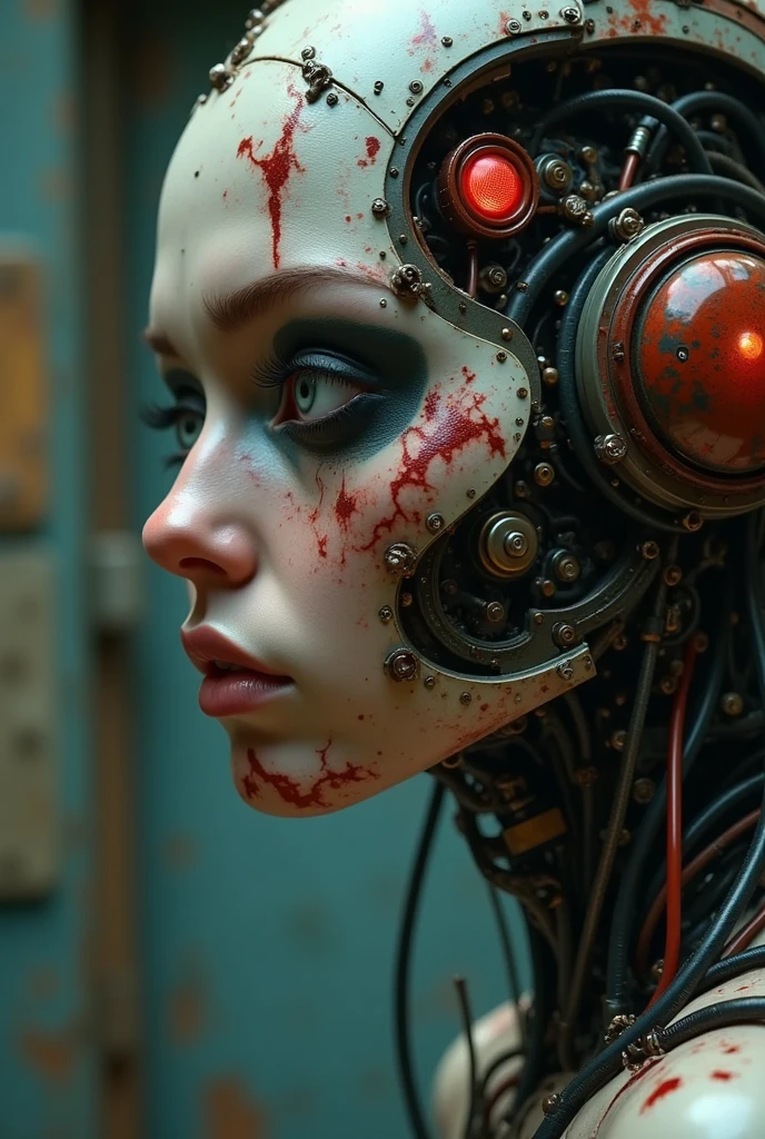 (masterpiece, top quality, best quality, official art, beautiful and aesthetic:1.2), (1girl:1.3), extreme detailed,colorful,highest detailed ((ultra-detailed)), (highly detailed ultrarealistic), ((slender but busty model)),(from side),cinematic light, HDR ((1mechanical girl)),solo,full body,(machine made joints:1.2),((machanical limbs)),(blood vessels connected to tubes),(mechanical vertebra attaching to back),((mechanical cervical apparatus scifi)),(sitting),expressionless,(wires and cables attaching to neck:1.2),(wires and cables on head:1.2)(character focus),science fiction,white background, bruises, cuts, (blood:1.5) (bokeh background with massive futuristic machineries, cyberpunk) seductive but shy (in the style of H.R.Giger)
