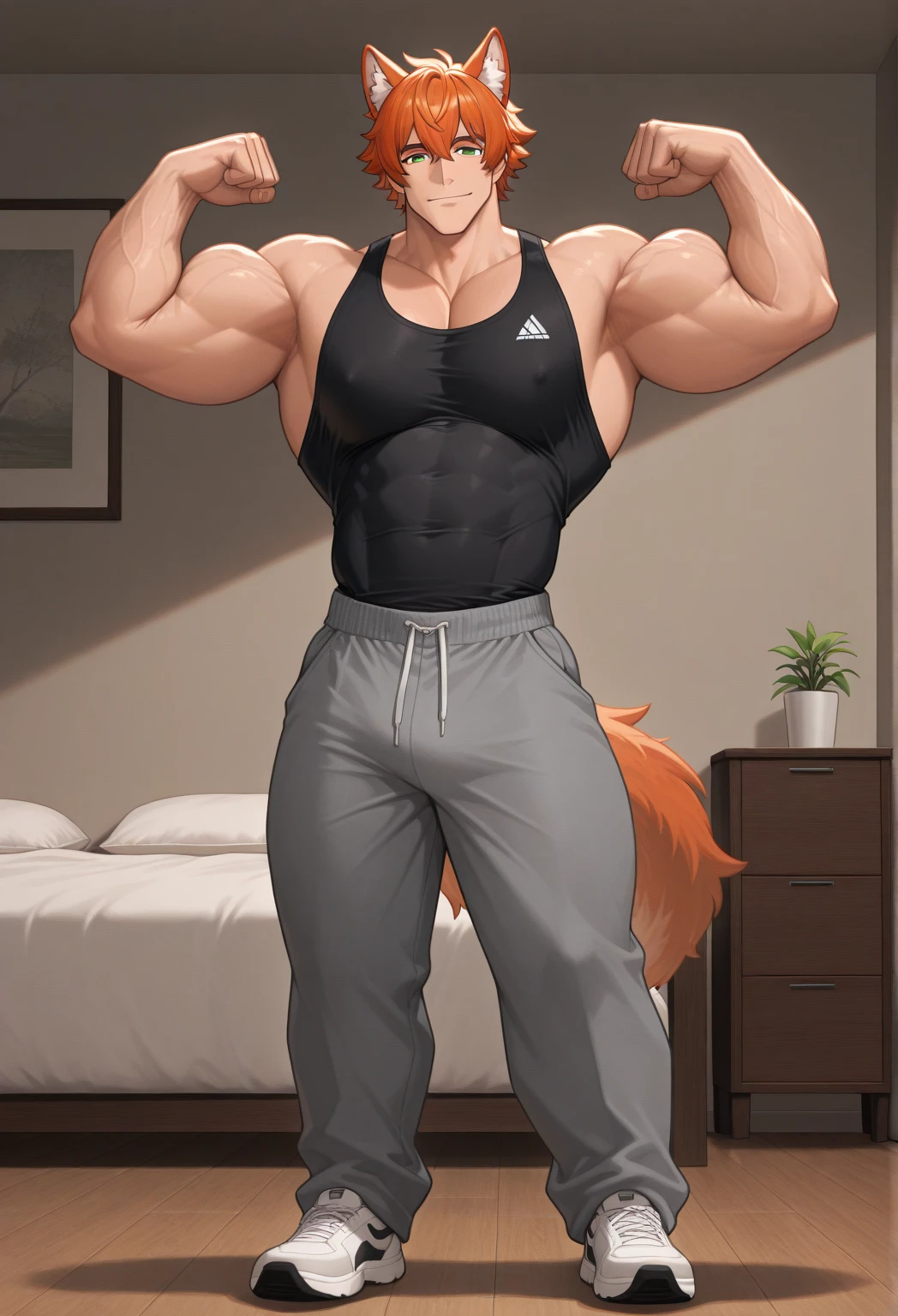 1boy, big sharp wolf ears, fluffy wolf tail, short red hair, red eyes, slim waist, ultra masterpiece, shirtless, livingroom setting, big thighs, wide hips, sweatpants, soft, young, full body view, wolfboy