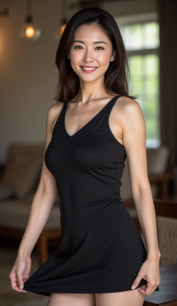 ((masterpiece、best quality))、shape、super detailed、8k、actual、sharp focus、Very detailed、professional lighting、spotlight、Colorful details、Detailed texture，A stunningly beautiful girl，Wearing a black dress that fit her body，(most suitable hairstyle:1.4)、(in the most helpful way:1.3)、(Half-length photo:1.4)、big breasts、perfect style、Body、1、Smile、