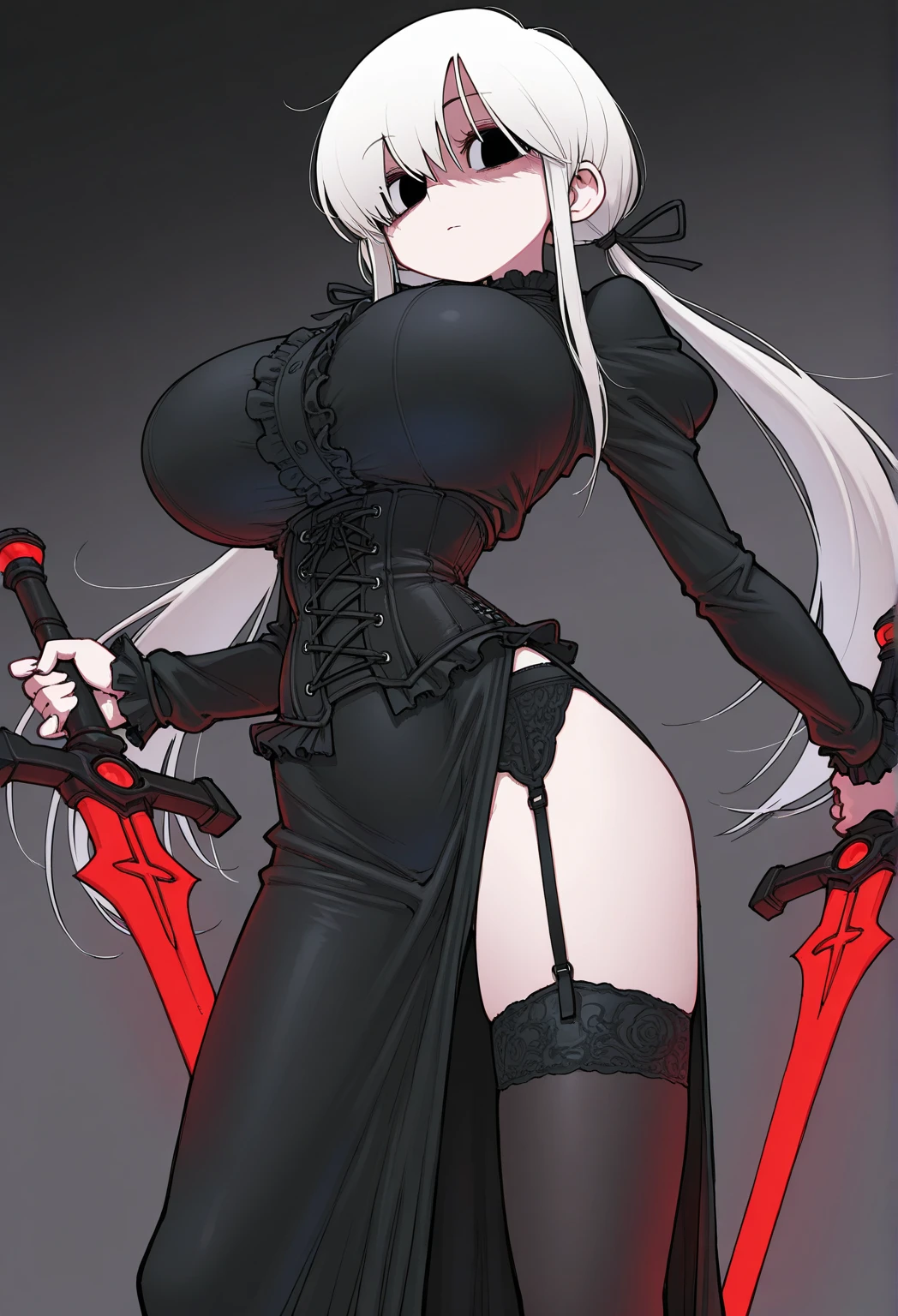 Demon girl, All gray body skill, short gray hair with red strips, long black horns, left white eye and right red eye, Long gray demon tail, Black claws, glowing red magic coming from hands. Black metal chain around neck, big breast.