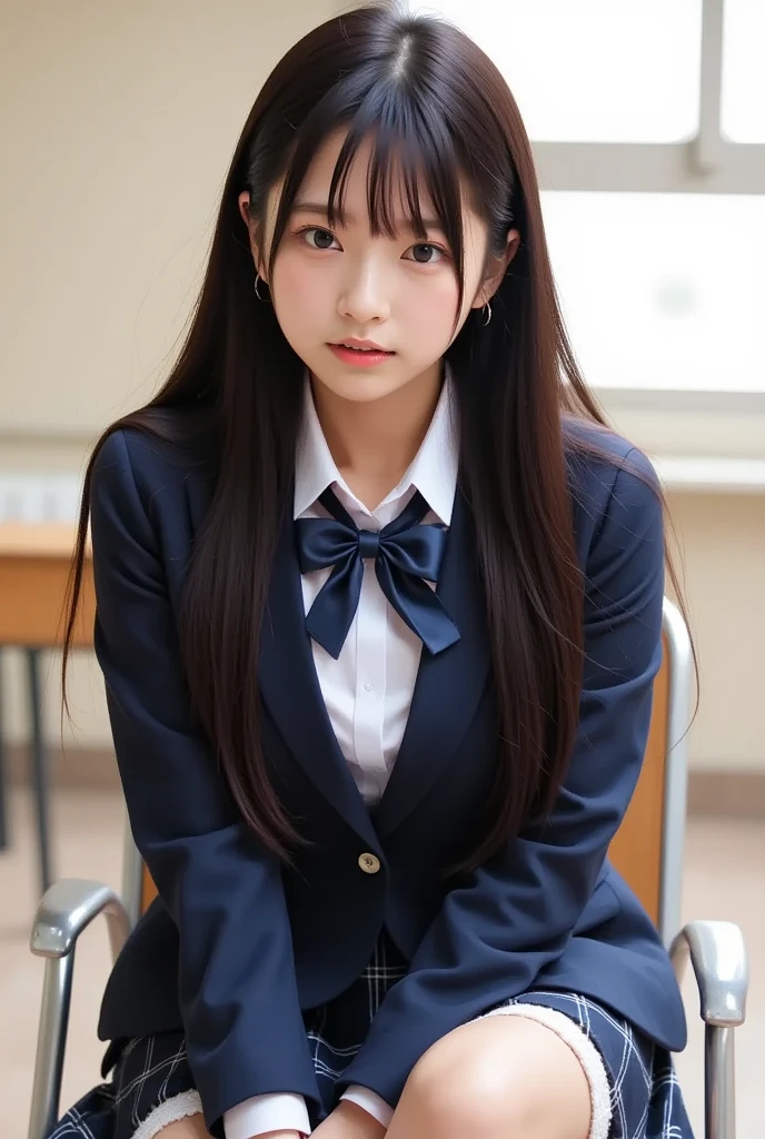 1 girl, There is a woman sitting on a chair , school girl, gorgeous young korean woman, beautiful Japanese girl, beautiful young Japanese girl, young and cute asian face, popular Japanese makeup, 8k selfie, beautiful japanese girl face, girl cute beautiful face, young and adorable Japanese face, beautiful asian girl, one adorable Japanese face, rich bust