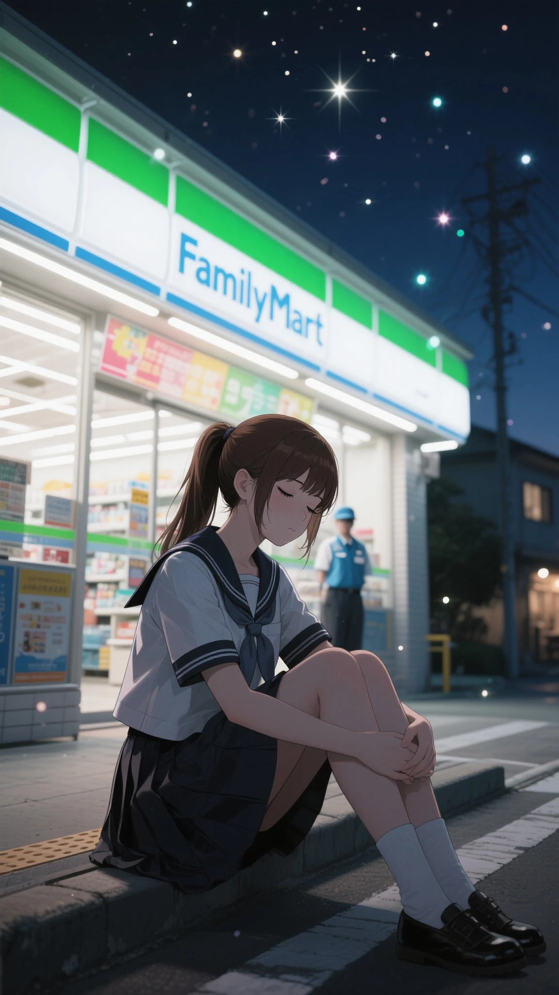 Midnight Convenience Stores,womanhood,Family Mart, In front of the store, relax, sailor suit that binds the length, dark haired, brown eyes, tareme, ponytail, (Watch Viewers,sleepy expression, Vaguely), sitting holding the knee, Fluorescent Lamps,Lonely Atmosphere, Sparkle,  particle of light, ✨, extreme detail,professional,Bokeh,Clear Night Skies, Suburban Stores, Vaguelyとした照明, Bored Employees, vibrant colors, Expressing Loneliness and Solitude, super high resolution, (top quality, very detailed, CG illustration, soft focus, masterpiece, Best Aesthetics),