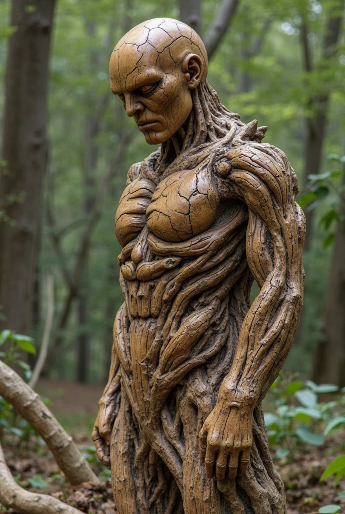 Imagine a realistic tree shaped like a strong man painted on a brick wall