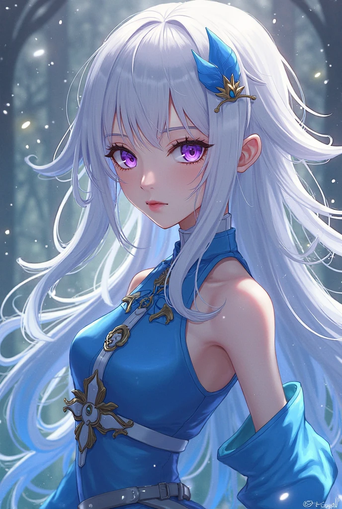 The picture shows the whole body woman in anime style. The woman has long, Beautiful, snow white hair with purple hair underneath. she looks very graceful. Her eyes are blue like ice and beautiful. The woman appears graceful, has an impressive aura, Very elegant, hardened, something diabolical, desirable, is seen by others as untouchable. She is the leader of a war army and wears appropriate clothing, but is dressed a little more lightly 
