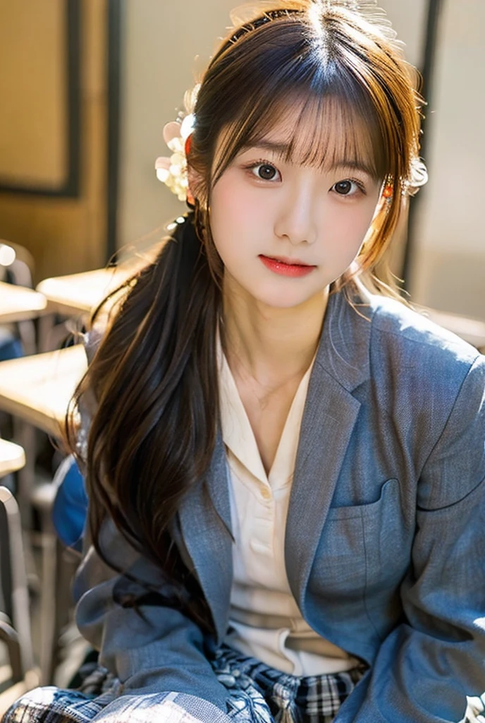((Best Quality, 8K, Masterpiece: 1.3)),1girl, In addition, melon face, Friendly and cute, sweet smile, Pure desire, Slender body, (s whole body), (tilted head), ((looking at camera)), Medium Black Silky Straight Hair, Long flowing shoulders, round black big eyes, clear big eyes, moist red lips, Cafe shop background, ((full body shooting)), (Deep Pink Blazer, bows, Sock, High School Uniform: 1.2, ), (Middle breast)