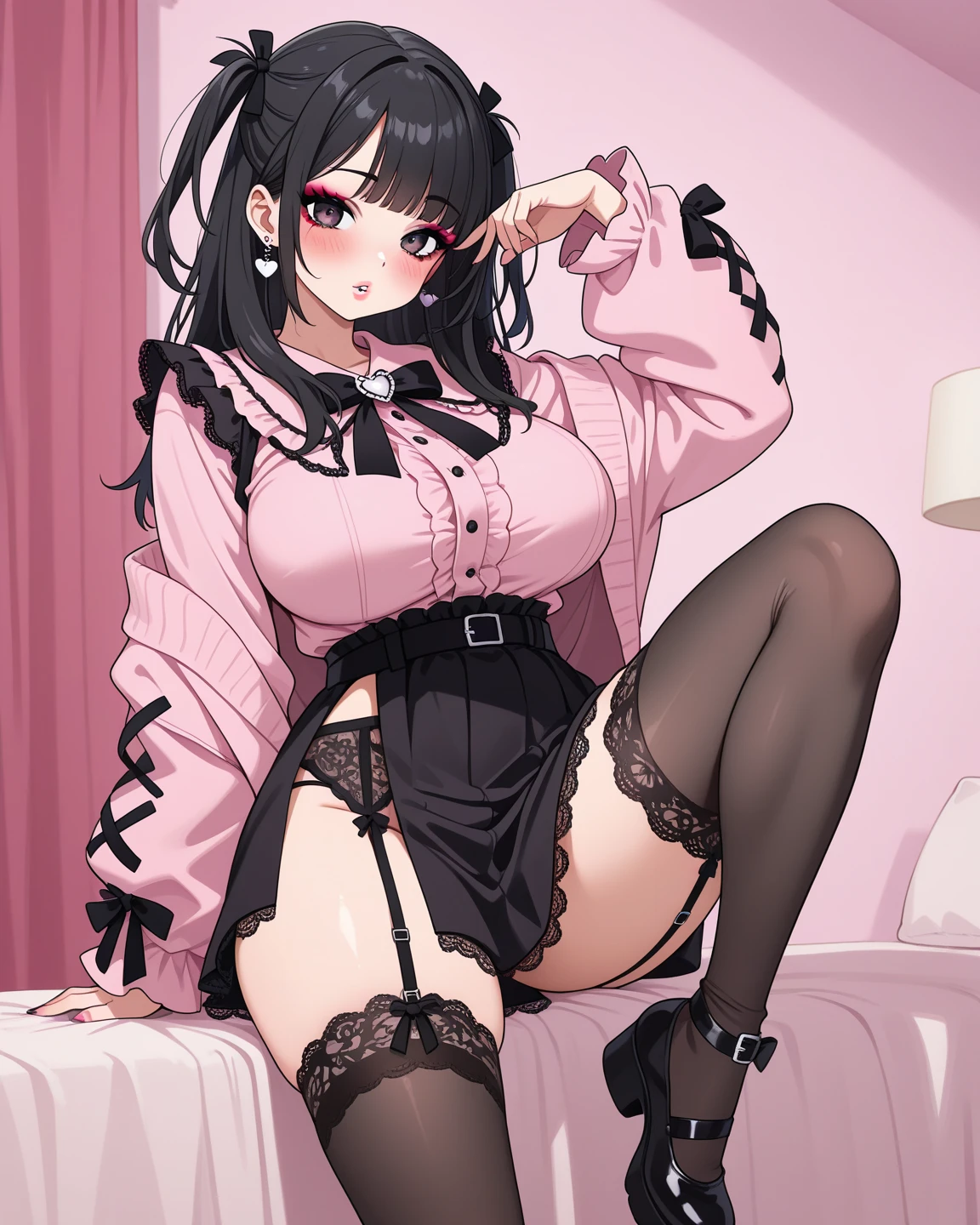 Fancy pink underwear　Soapland　Seductive look　Sexy Body　Clear Eyes　slightly round eyes　Sit on a plush chair　office lady　Japanese women　Manga illustration　Beautiful E Cup Breasts　the body is slim　Highest quality　4K Straight Hair　Reddish black hair　hair ornaments　necklace　Hotel room　Night view　Simple Background　Seductive pose　garter belt　　Earrings　　Fine details　Beautiful anime illustrations　Beautiful Face　alone　High resolution, One Girl, Highest quality, Attention to detail, Bright Eyes, Medium Hair, High heels