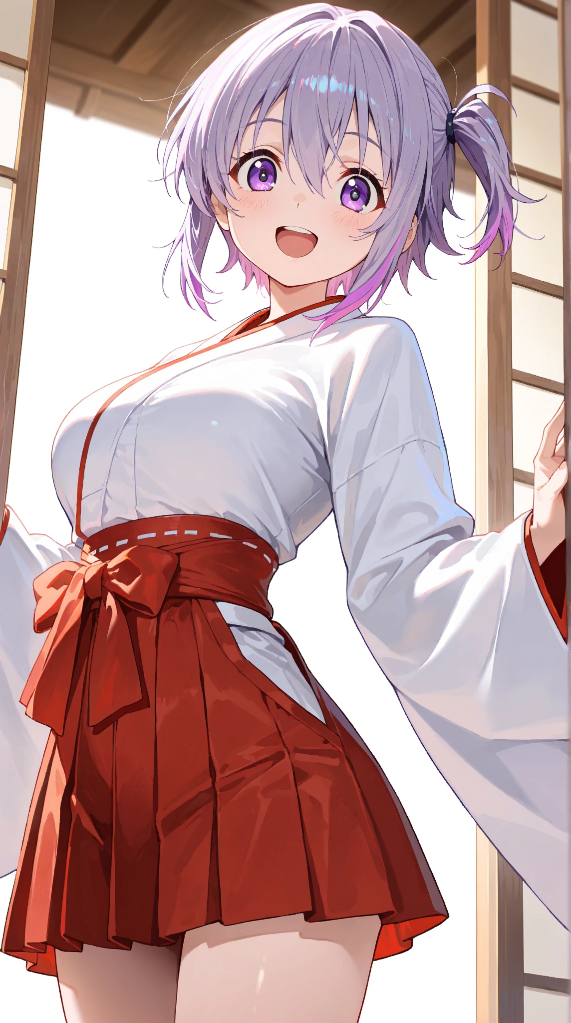 1 girl, tie purple hair, long light purple hair, wide large ronin white hat, gold eyes, white robe, katana, cool and sexy face, white thigh knee sock, white loose short kimono, 8, Sharp face, battlefield, outside, black high-heeled shoe, standing, scarlet, white panty, one person, alone, 1 head, 2 hands, 2 legs, lightning, Best quality, masterpiece, 3D, an image of a beautiful female samurai, HDR (High Dynamic Range), Ray Tracing, NVIDIA RTX, Super-Resolution, Unreal 5,Subsurface scattering, PBR Texturing, Post-processing, Anisotropic Filtering, Depth-of-field, Maximum clarity and sharpness, Multi-layered textures, Albedo and Specular maps, Surface shading, Accurate simulation of light-material interaction, Perfect proportions, Octane Render, 8k, high res