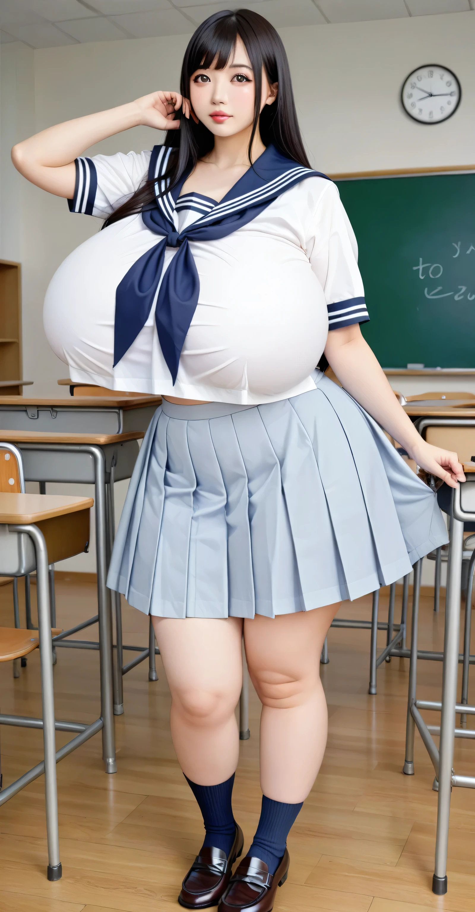best quality, (a young student alone, extremely beautiful, sexy), (extremely white skin, porcelain), long eyelashes, soft makeup, giant breasts, (giant ass, thick ass), very curvy, short hair with bangs, walnut brown eyes, full lips, seductive, (((smiling))), exposed white button tied in a knot, (red plaid skirt), (white button-down shirt), (small tie),  outfit, bracelet, thick thighs, curvy physique, skin reflecting light, (((in a classroom)), looking at the viewer, ((POV)), rear view, dynamic angle, 8k, ultra detailed, ambient occlusion, masterpiece, sharp, reflections