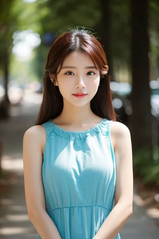 (8K,Raw photo、Raw photo、top-quality、Master masterpiece:1.2)、ultra-detailliert、Super Resolution、(Photorealsitic:1.3)、Angle to shoot from the front、Clearly draw shades of light、high resolution RAW color photos、professional photograpy、Same skin type as humans、Female proofreading of Japan from head to waist、Blur the background、Draws faithfully to anatomy、cafes、Very detailed and beautiful、Ultra-high image quality、long、Hair swaying and sexy、Very detailed beautiful girl、(Pink Eye Shadow)、smil、Plain clothe、The upper part of the body、Park on a sunny day