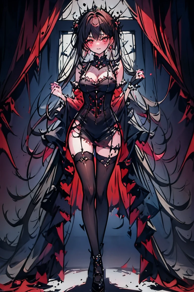 masterpiece, Highest quality, High resolution, One girl, sweeper, Long Hair, Twin tails, hair band, Heterochromia iridis, Medium chest, Cleavage, Black choker, Red ribbon, Exposing shoulders, Gothic, Red dress,((Red leotard)), Red Bow, Removable sleeves, Red Skirt, Have a weapon, gun, Outdoor, smile, (She lifts her skirt to reveal her wet pussy) (seductive smile)