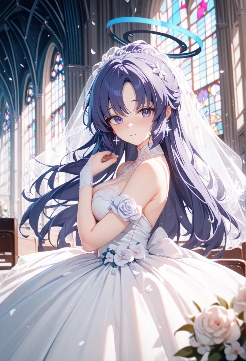 wedding gown，auditorium，Flying white doves，Holding roses in hand，divino