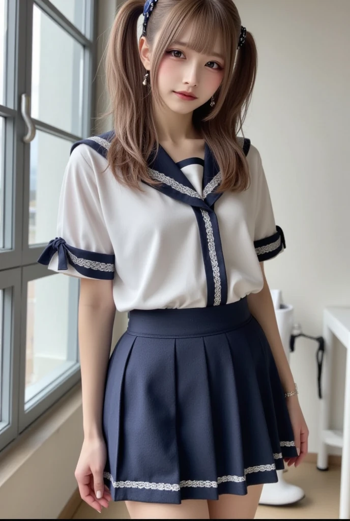 top-quality,ultra-detailliert,​masterpiece,realisitic,Photo Real,Bright lighting,1 girl in, an extremely beautiful 17-year-old girl, (kawaii:1.2),Thin smile, (Brown eyes),(brown haired),(bangss),perfect glossy skin,flawless skin,((erotick,Sexy and sexually explicit)),((accurate hands without incongruity)), large full breasts,big breasts thin waist, Look at viewers,((a sailor suit)),((Short sleeve uniform white shirt)),(red necktie),(Blue Mini Pleated Skirt),(((skirt lift by yourself))),(lifted by self),(((Showing panties))),panties on,panties focus,((Sit up,spread legswide)), sockes, (Black knee socks),(Loafer shoes), during daytime,On the train,Horizontal long seat with your back to the window