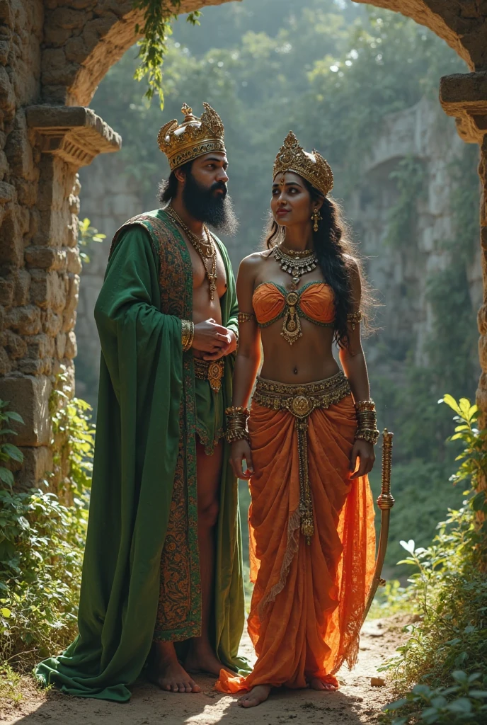 Indian  god Krishna with radha in boat on river  waring king and quin dress