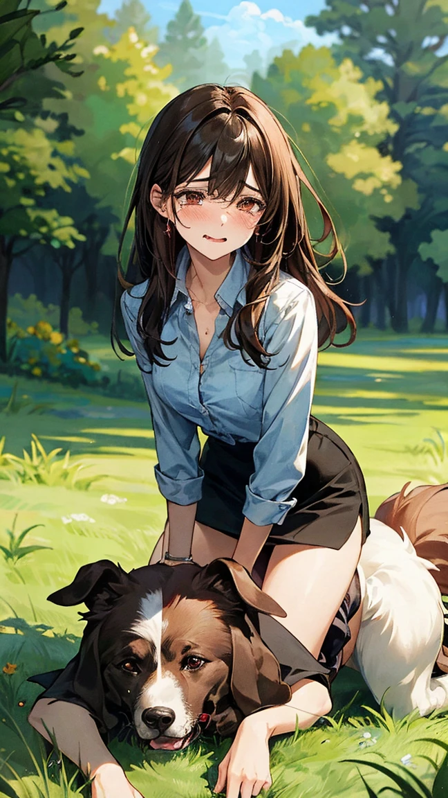 Masterpiece, top quality, highest definition, one adult female, slit eyes, dark hair, one length, brown eyes, model like, beautiful, perfect proportions. Shirt, mini tight skirt. She is on all fours in a grassy field. A large dog is mounted on her back, and she and the large dog are mating. The dog is holding the woman's back.
The woman's face is bright red and flushed, her mouth open and both eyes closed,
She looks like she is crying.
