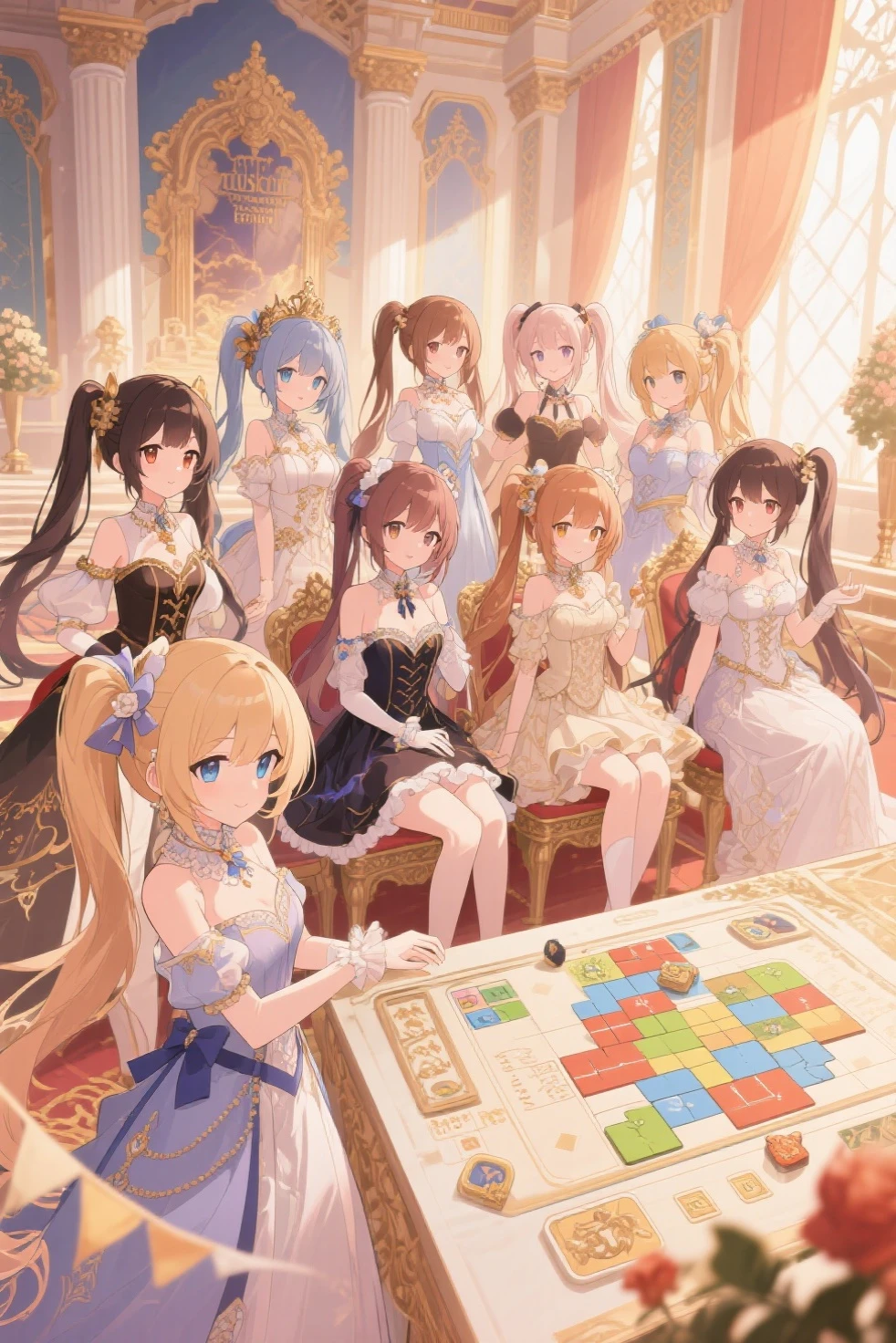A scene of dressed-up Disney princess-style characters sitting in the audience of a luxurious cabaret venue