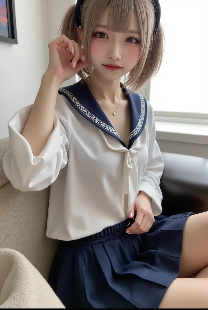 (masterpiece:1.2), Japanese, (), (a girl), room, (school uniform), thighs, on a bed, (tits), short sleeves, curl hair,