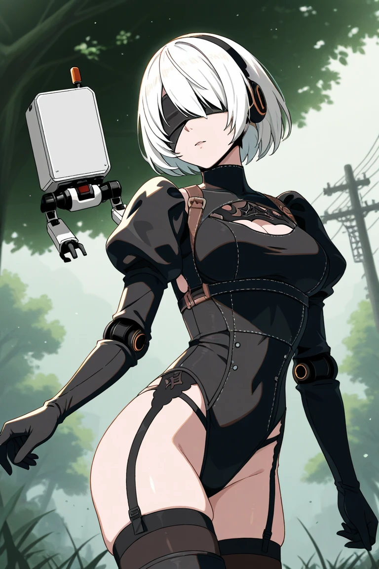 2B with huge breasts in the forest fighting with machines