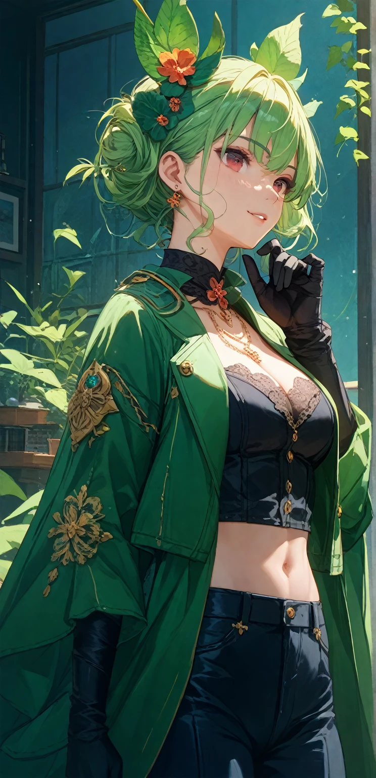 With PC、A beautiful green-haired woman with glasses trading tokens on defi based on her analysis