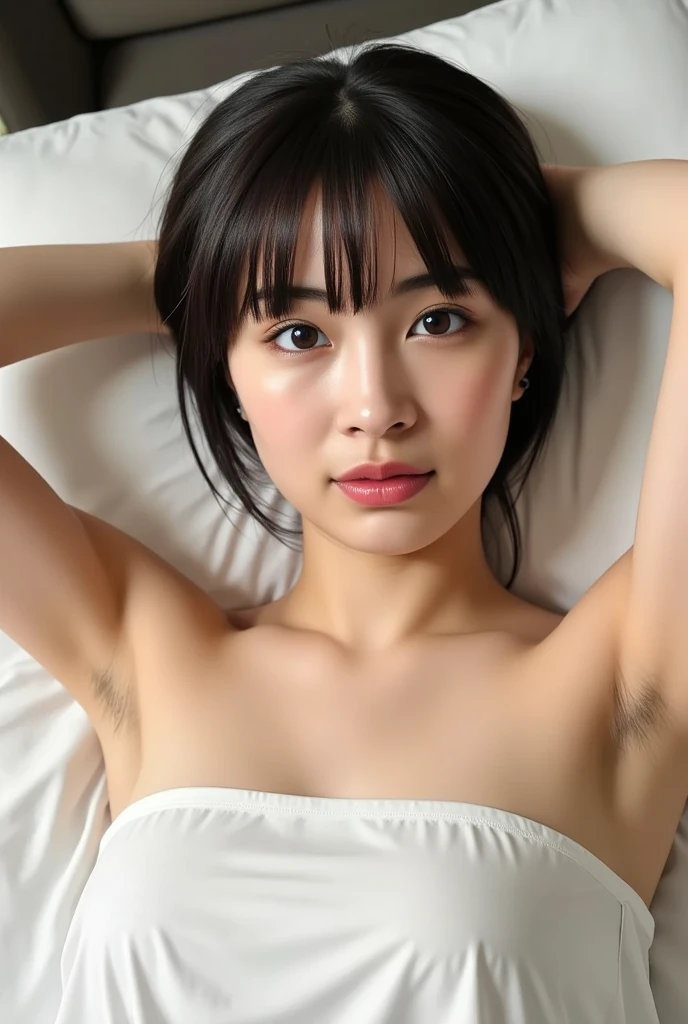(8K、RAW Photos、Highest quality、masterpiece:1.2)、((Nipples、Look at me and smile))、(Realistic、Realistic)、1 Girl、((naked、wake up、After sexual、morning、 Hotel Bedroom、Lying in bed、Bathrobes、smile))、cute