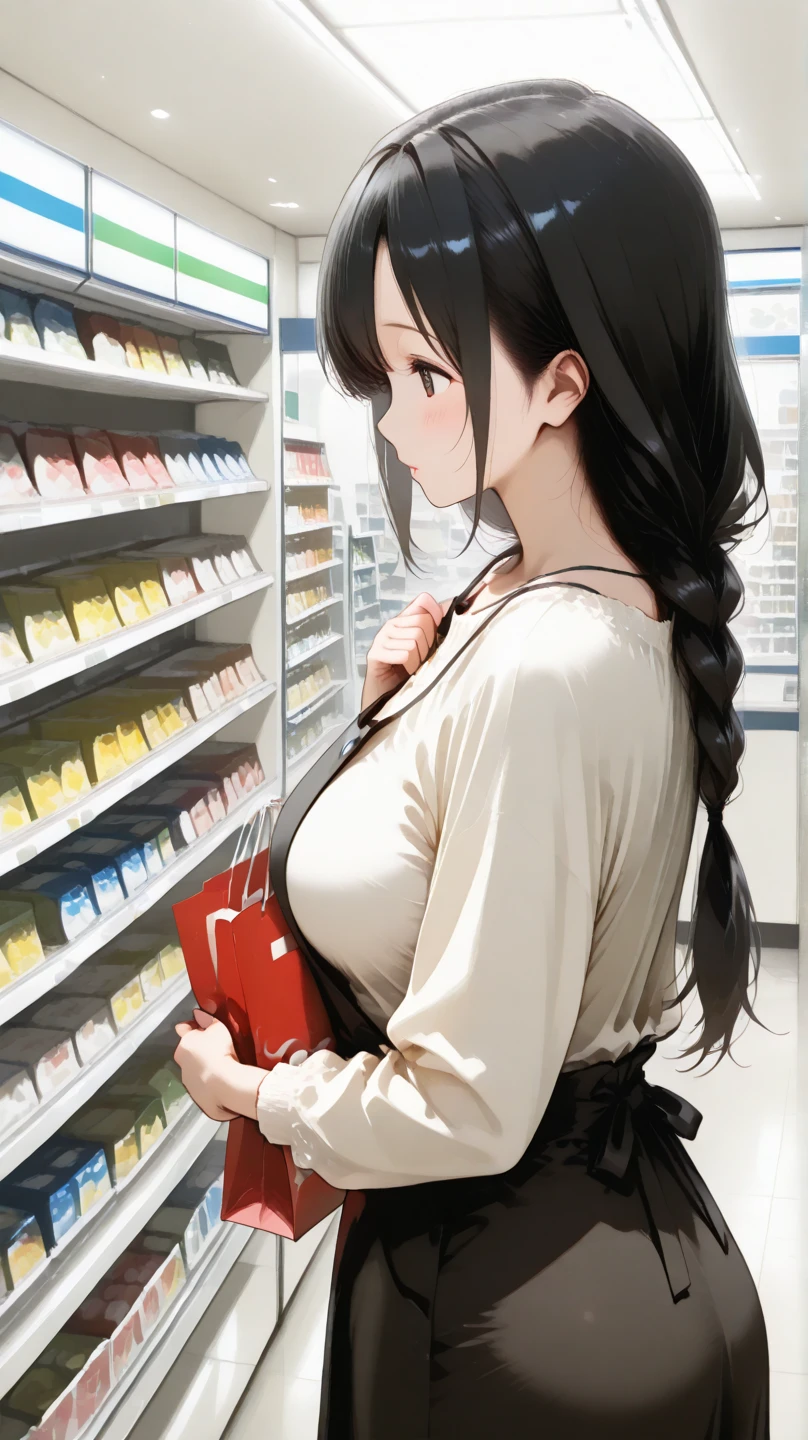 1 female, alone, height: 177 cm, long hair, (put your hair up:1.5, Vermilion hair:1.4), green eyes, long term:1.4,highly detailed eyes, ((Convenience store clerk:1.4)), expressive face, Inside a convenience store, colorful, high contrast, (masterpiece), wallpaper, dynamic pose, Beautiful woman、((E cup upward facing chest, big and firm buttocks)), apron and shirt, first round