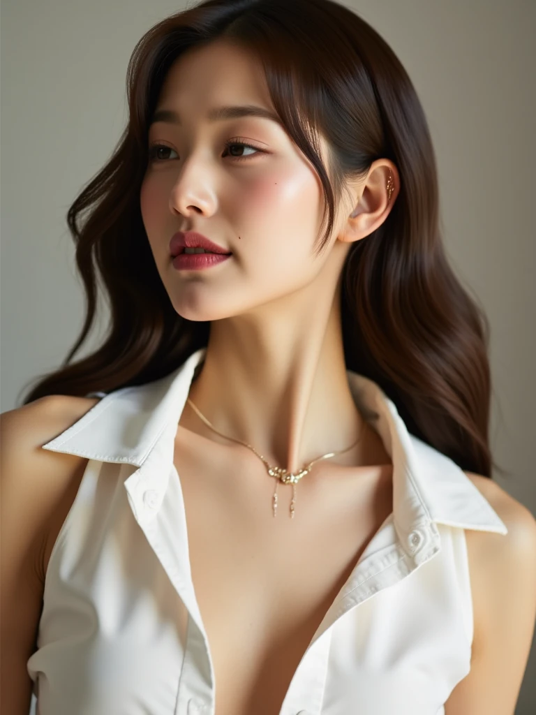(top-quality, 16K, ​masterpiece:1.3), (ultra detailed), (masterpiece), (best quality), Highest quality, Realistic, surreal, Highest quality, Extremely detailed CG, Very delicate, 16K wallpaper, High resolution, A female manager working for a top company, 3, ((Light makeup:1.5)), ((There is a mole on the face that is considered seductive:1.1)), ((UNTITLED business suits:1.2)), ((A very simple necklace)), Japanese office with large windows, ((arched back:1.5)), ((sitting in an office chair)), Japanese, slender body, ((middle breast:1.5)), very detailed, detailed fingers, detailed hands, detailed eyes, detailed legs, accurate and perfect human anatomy, real human skin, BREAK ((upper body:1.5)), ((look into the viewer's eyes:1.5)), ((looking at viewer:1.5)), ((Front view:1.5)), ((from front:1.5)),