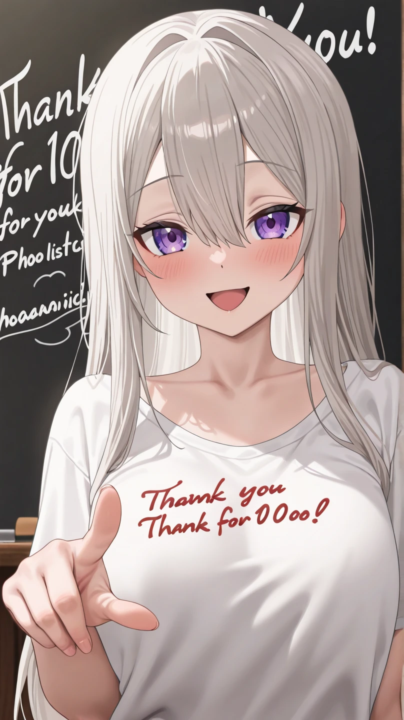Masterpiece, best quality, high quality, ultra detailed, best quality, 1girl, white hair, shoulder length hair, white cat ears, collared white shirt, shirt open, cleavage, black laced bra, black bra, black eyes, smiling, (((holding a board saying "100 followers":1.3))), (white background:1.5), simple background, (white room:1.3), (masterpiece:1.2),(best quality:1.2)