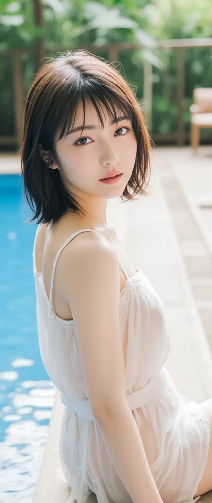 (masterpiece, Highest quality, Very detailed, 8K, wallpaper, Realistic), ((Perfect hands)), ((Perfect Anatomy)), Medium cleavage, length, Round legs, Round ass, ((Attractive anime girl)), ((Rei Ayanami)), ((Capturing her ethereal beauty with pale wet skin, Wet short indigo hair)), ((Mysterious, deep, vivid crimson eyes)), ((Pale blue or white one-piece swimsuit, Swimwear should be simple and elegant, High neckline and discreet yet flattering cut, NERV logo and、Evangelion-themed design, wait.、Subtle details can be incorporated as accents, To pay tribute to her character)), ((Close-up shot, Side view)), ((Dynamic Background)), ((Sensual pose))