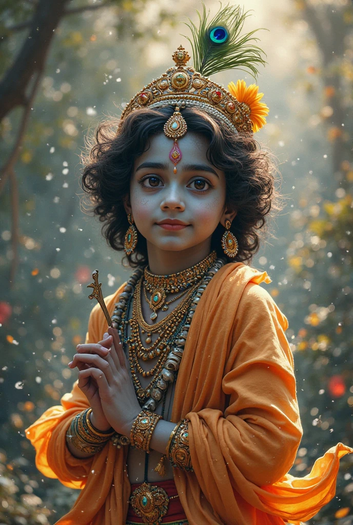 ek baccha Jo halka Sham color ka hai aur hath mein bansuri liye hai vah bahut hi Sundar aur aakarshak hai uski Aankhen machhali Jaisi Hain uske pairon mein paijaniya pahne hue hain uski mukh per makkhan laga hua hai aur hath mein bhi makkhan laga hua hai bansuri uske kamar mein pahunchi Hui hai