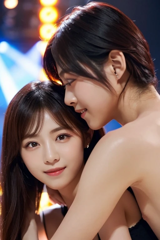 two japanese women、Couple of a 30-year-old female coach and an 18-year-old female figure skater、straight hair、beautiful body line、slender、goddess of eros、skating rink at night、romantic atmosphere、lesbian couple、sweating all over、female coaches wear suits、Female figure skaters wear glamorous costumes、erotic atmosphere、Kiss the nape of the neck、high resolution、8K image