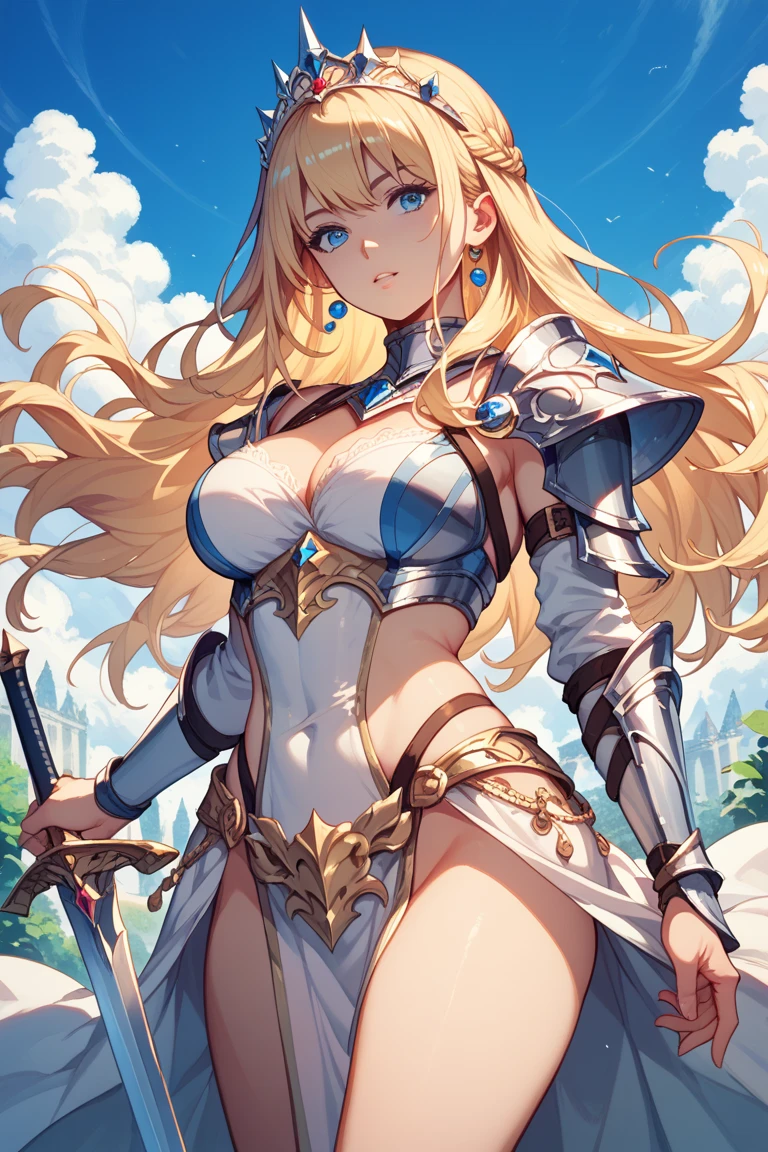 a beauty girl,cabellos largos dorados,blonde with blue eyes,Wear gorgeous armor,(Silver armor),Armor,(holding a long spear),Huge spears,Shoulder pads,Armour,chest plate,Combat skirt,Leg nails,(royal knights),(huge tit)