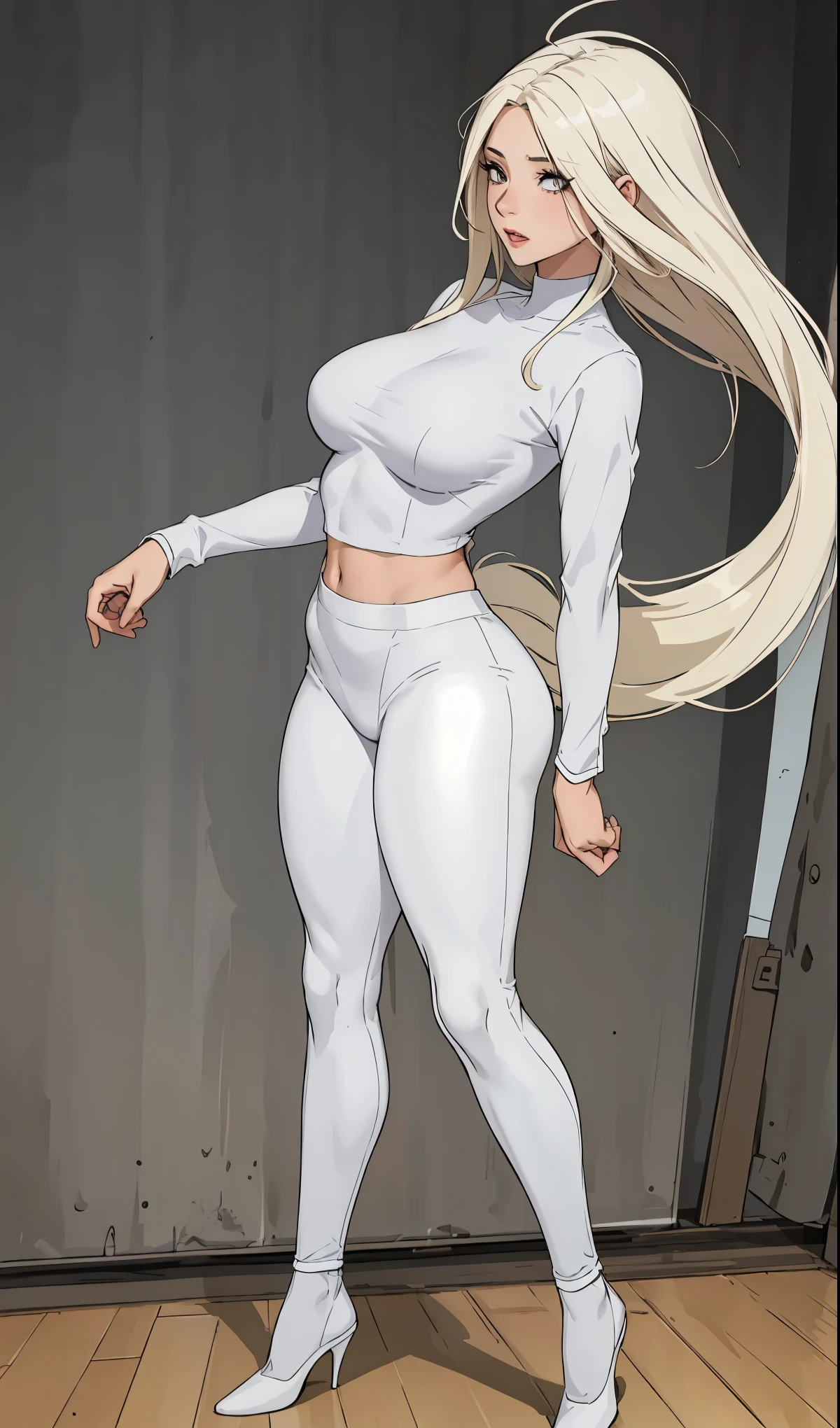 Masterpiece, highly detailed, high res, dynamic, A image of a woman in a white top and white pants, ((((Massive breasts)))), (muscular), ((((huge muscles)))) fanart da coelhinha lola, commission for high resolution, CO Commission, Gwen Stacy, corpo perfeitamente sombreado, Emma Geada, Retrato de Emma Frost, Deusa loira, desenhado no estilo de artgerm, em roupas brancas, corpo perfeito sombreado realista, Betty Cooper, It's not artgerm style, ((((Massive breasts)))), (muscular), ((((huge muscles))))
