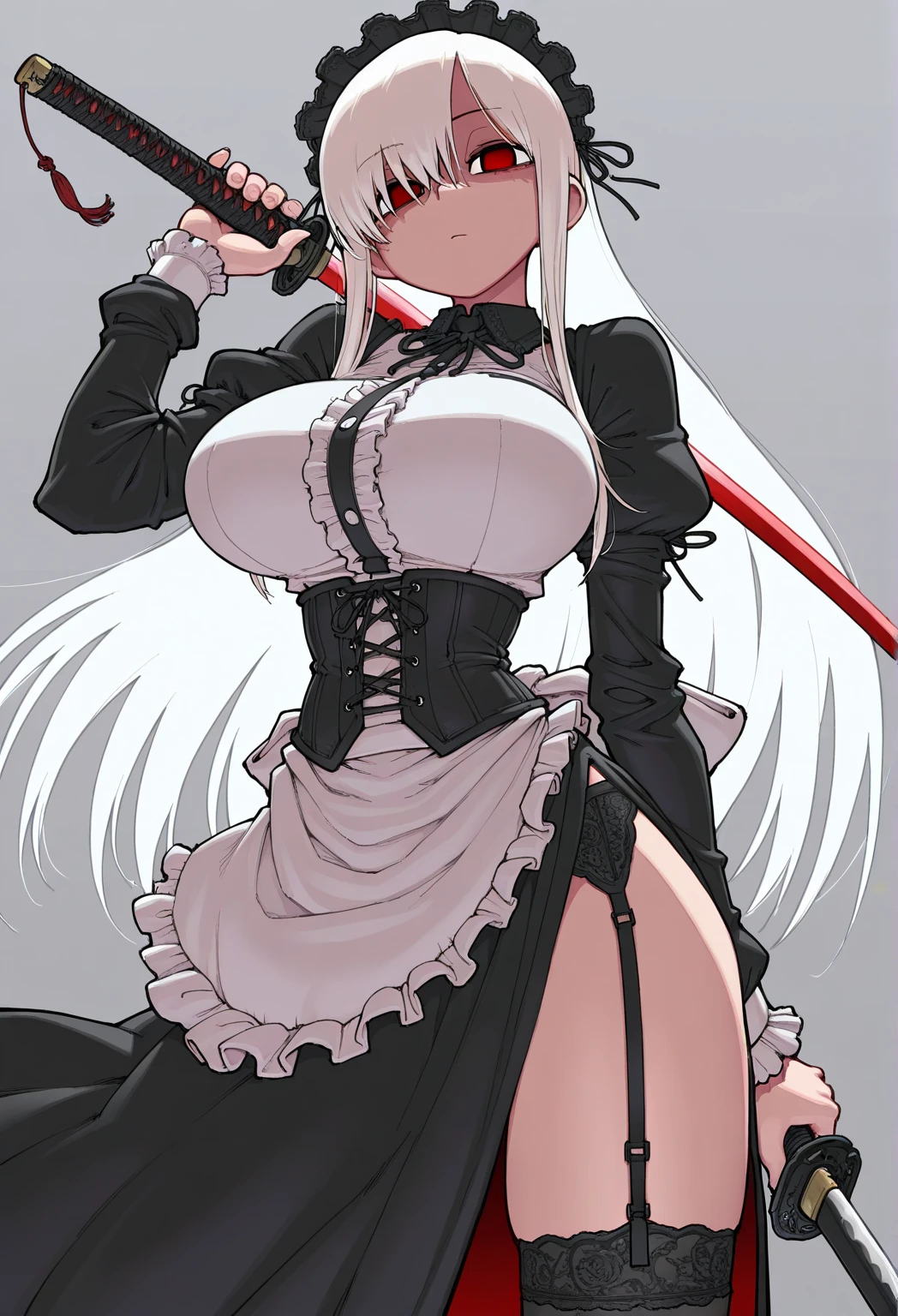on fours, back view, sex(masterpiece, best quality:1.4), absurdres, highres, ultra detailed, beautiful, (maid), (perfect face, detailed face, beautiful:1.3),(natural breasts, cleavage), collarbone, fingerless gloves, gloves,spaghetti strap top, black pencil skirt, tight, over the knee skirt, hat, elegant maid outfit, thighhighs, thick thighs, thighs, multiple belts, More detailed 8K.motor irreal:1.4,UHD,La mejor calidad:1.4, fotorrealista:1.4, textura de la piel:1.4, obra maestra:1.8,obra-prima, mejor calidad,objeto Objeto], (detailed face features:1.3),(manos detailed)