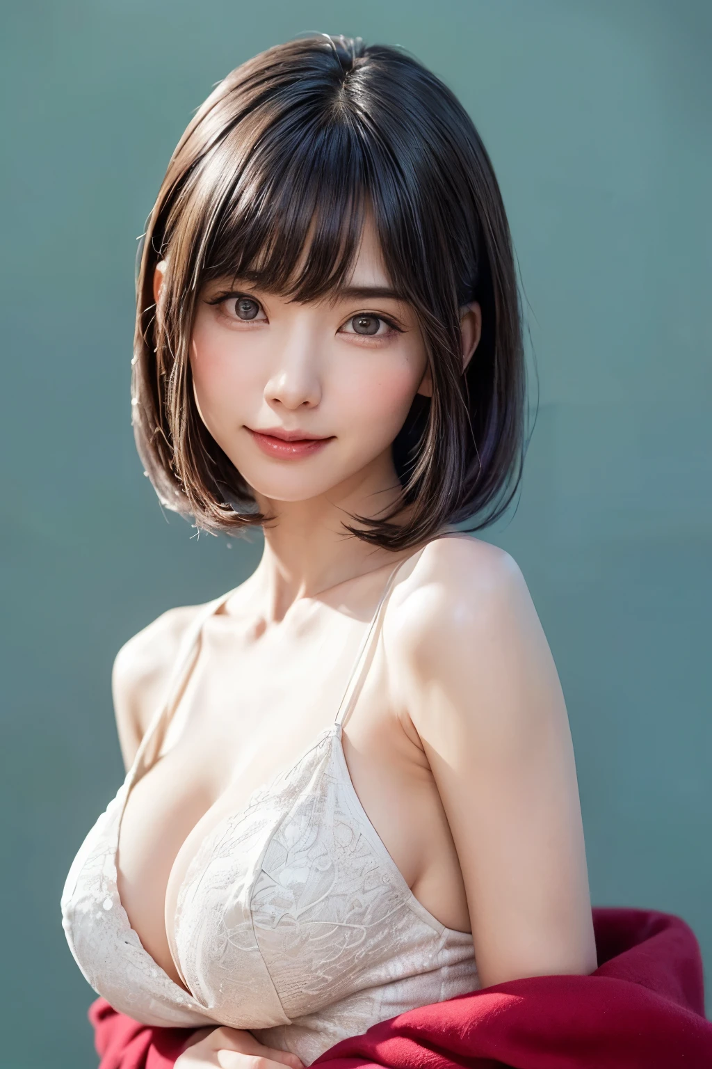 (Tabletop, Highest quality、Very attractive adult beauty、Add strong highlights to the eyes、Please look closely at the camera:1.4、A beautiful woman with adult charm、Ideal body proportions、Perfect Anatomy、Short brunette bob hair、Shiny Hair、Lip gloss),One Girl, solo, 明るい茶色のShiny Hair, Scarf,Realistic, Looking at the audience、Please tilt your head a little, Bright colored crystal light blue eyes, 短いShiny Hair、 chestの中央に穴が開いた白いタートルネックの服,chestの真ん中に丸い穴が開いたセクシーな白いタートルネックのニットセーター、 Lips, Lip gloss，Bans, Upper body、Big eyes、Eyelashes、Face is a little red、Embarrassing)、((Italian road system in winter))、((Short hair with bangs、Big eyes、Give students a very strong highlight、{huge|big|hugeな|Mega} chest:1.4、very bigger chest、Staring at the audience、Very beautiful beauty、Listen carefully、Long neck、Smile a little、Beautiful Teeth、Open your mouth and laugh、Heart-shaped pupils))、28 years old、Very cute supermodel、{gigantic|big|huge|mega} breasts, cleavage