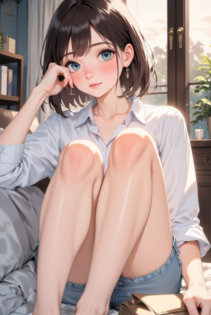 italian woman in alafe sitting on the ground with legs crossed, red lips,pretty face with arms and legs, Korean Girl, chiho, young and cute girl, the anime girl is crouching, Round thighs, Casual pose, Young Pretty Gravure Idol, 19-year-old girl, Sitting on the ground, Engaging pose, Young Gravure Idol, a cute young girl、white color panties、pantie shot,A slight smil、high-heels、