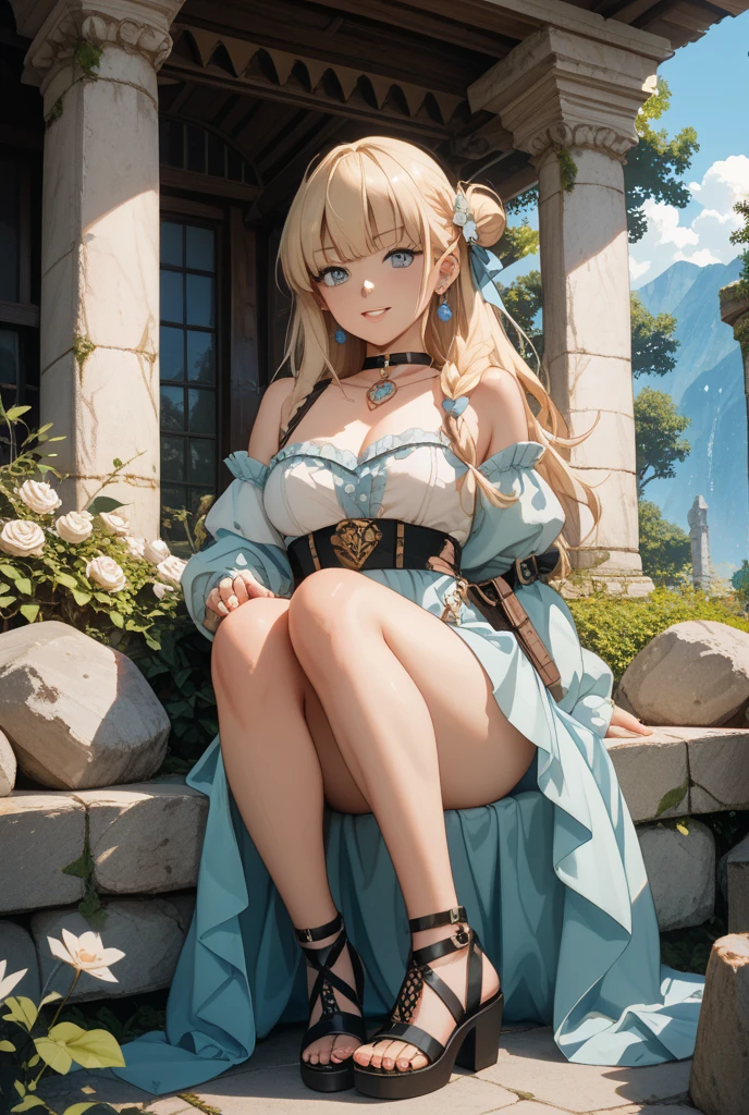 A woman wearing a white dress in the tower of a medieval castle, overlooking a medieval city, long blonde hair, orange eyes, smiling, big breasts, full body,HDR, ultra resolution, well defined, masterpiece, 8K HD. (solo woman)
