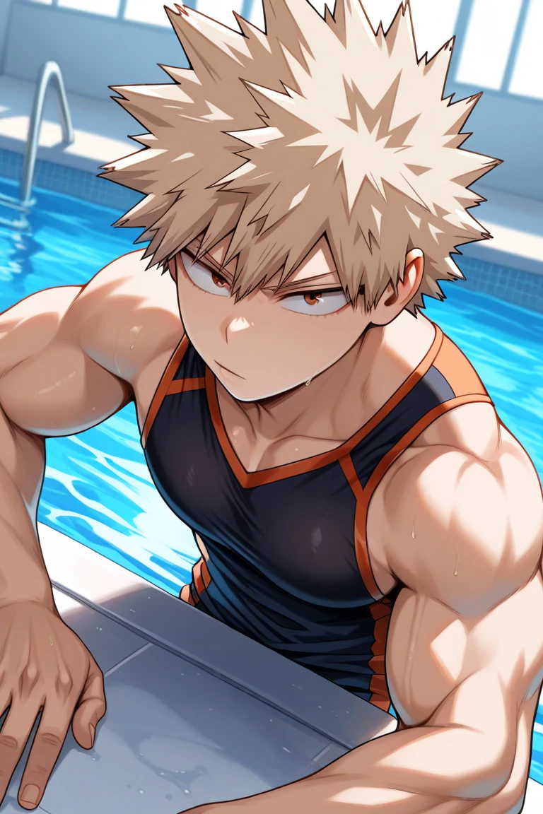 Top quality, Photorealistic, 8K, High definition, Unity 8k wallpaper, A high resolution, ultrasharp, Masterpiece, ((Masterpiece)), Best quality, Intricate details, Expressive eyes, Perfect face, Detailed face, Carefully open your eyes, Detailed eyes, Highly detailed and delicate figure art, Ultra-realistic, Detailed body, Detailed pectorals, ((Male focus)), Detailed muscles, From Boku Hero Academy，Katsuki Bakugo， swimming pool, wet skin，red eyes, huge bulge, with wet skin, big legs, wearing white bikini