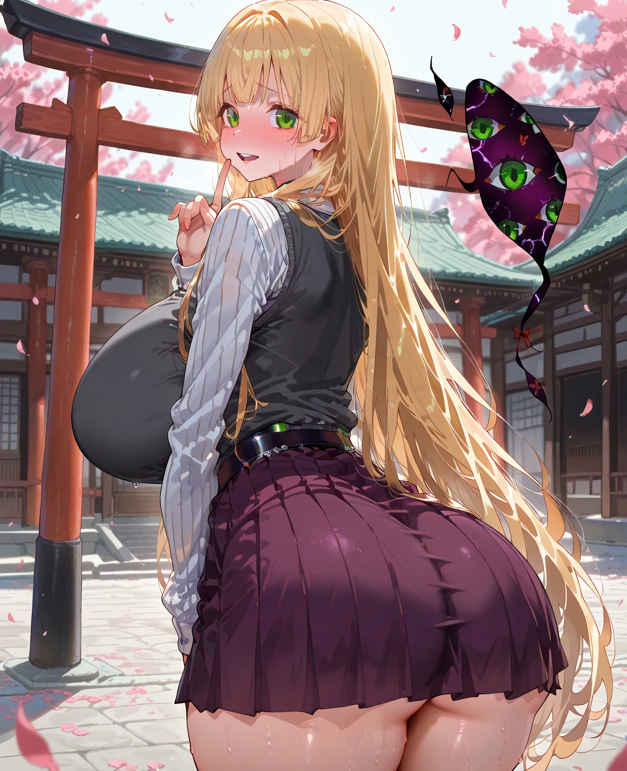 Anime Screenshot, masterpiece, Tops,

1girl, Alone,  propensity , ass, shy, gap-mouthed orgy, Index finger on the lip, blushing, only upper teeth,
very long hair, blond hair, Green eyes, split bangs, straight bangs, choke,
, knitted vest, grey vest, striped shirt, white shirt, neck tape, black belt, long sleeves,
pleated skirt, purple skirt, giant breasts, huge ass, very big thighs, sweating, pose sexy,
v arms , standing, watching the spectator, shot of a cowboy,
blurred background, outdoor, torii, East Asian architecture, Petals, Back view, underwear