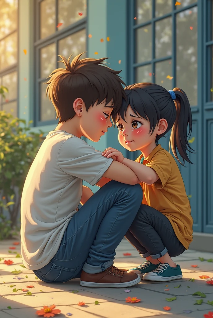 One girl and one boy sitting on apartment's stairs while girl is resting her head on his shoulder