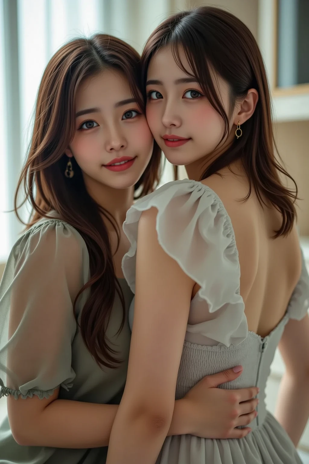 8K, top quality, masterpiece: 1.2), (realistic, photorealistic: 1.37), (3/4 body view:1.5), (super detailed two cute girls:1.2), (mature female), (Yuri, lesbian: 1.1), (perky firmed breasts), (two girls close to intimacy: 1.5), beautiful detailed night sky, detailed sea side hotel, at night, (Standing on the deck in sea-side resort hotel: 1.5), (Detailed petite face with adorable nose and Charming Eyes: 1.5), (embarrassed:1.2), (ahegao:1.2), (looking at viewer1:1), Beautiful detailed eyes, (Purple or pink elegant lace-trimmed dress: 1.5), Night, (long hair: 1.2),