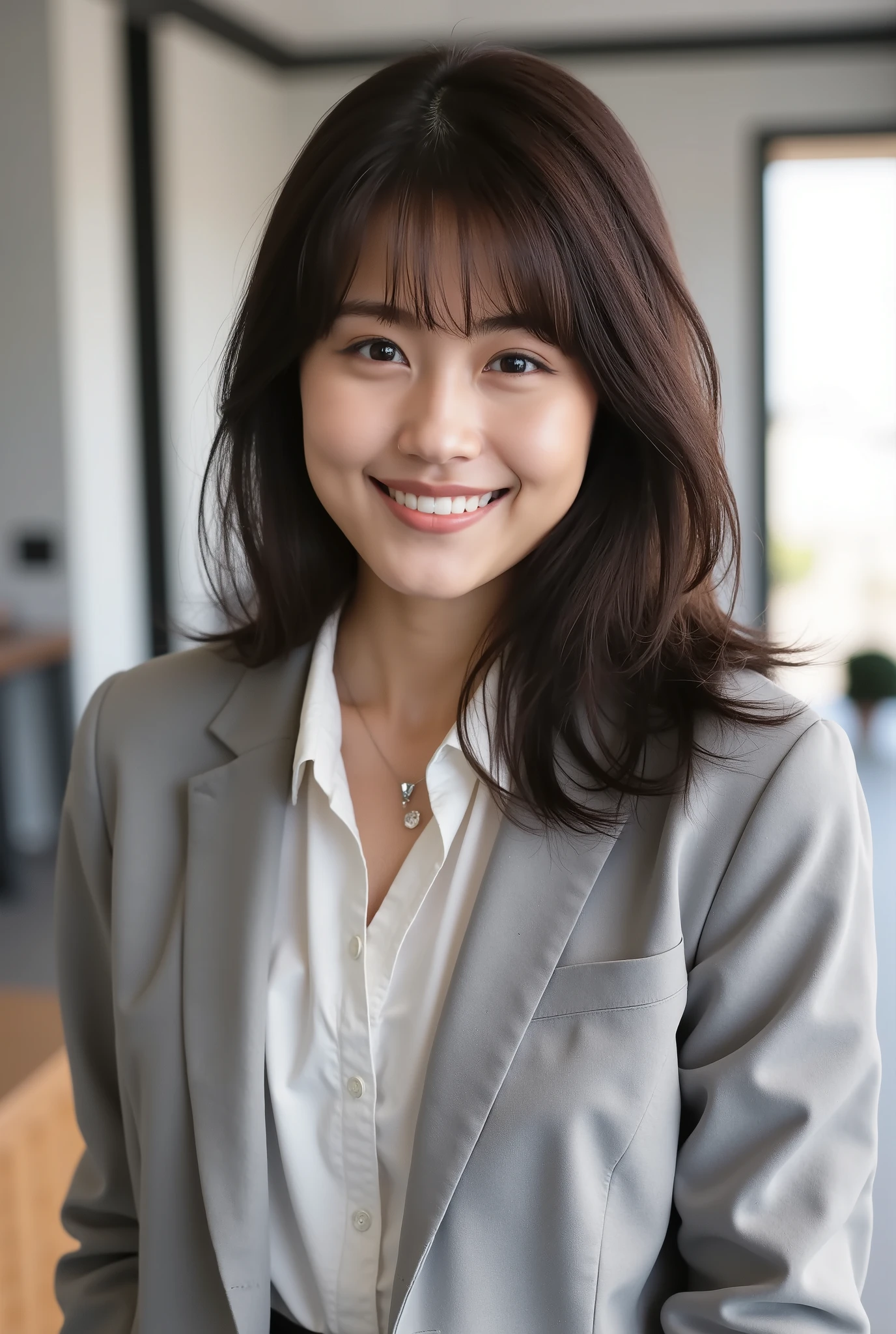 Neat Young Woman、and look at the camera、office lady suit、jacket、shirt、necklace、ear piercing、、smile showing teeth、背景はオフィス