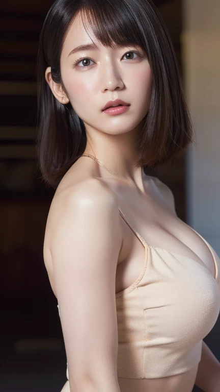 (Best quality,8k,high resolution,masterpiece:1.2),Digital Artwork, A girl,Delicate face,Delicate eyes,Dark brown hair,Short straight hair,Shining amber eyes,Red lips,suspender long skirt,particle,dust,Warm colors,shy,in love,Eevee drawing,(HD skin),Shallow depth of field,Film photos