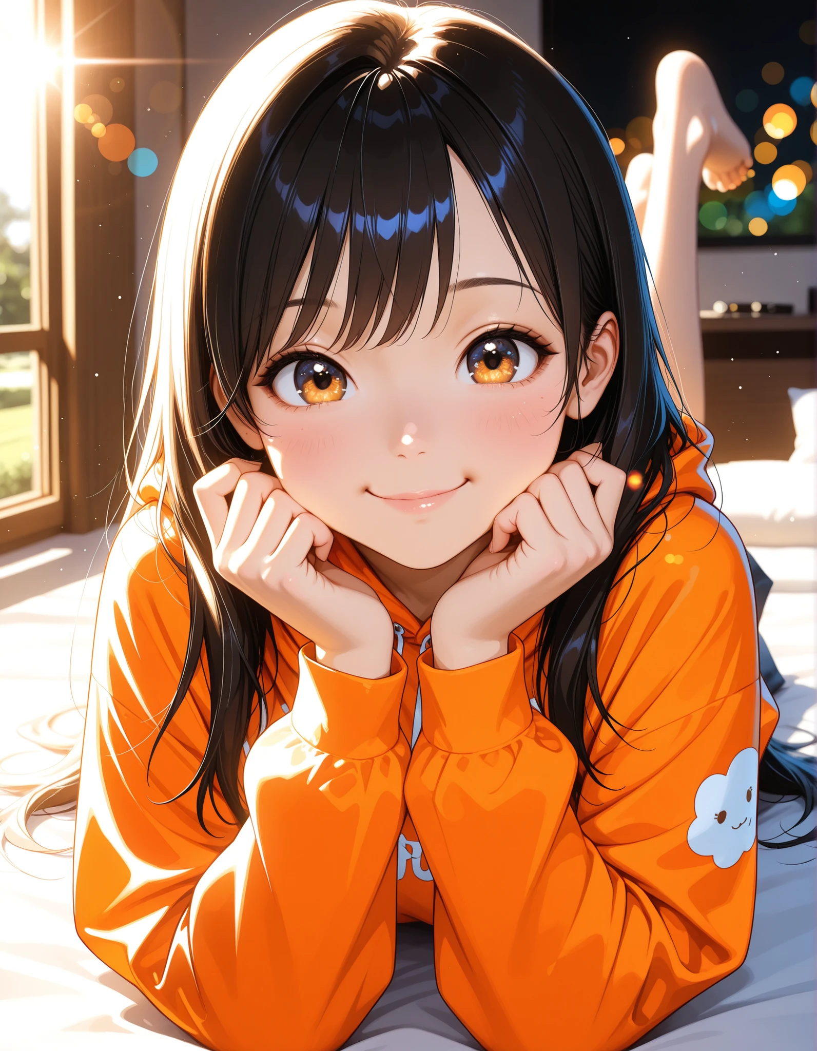 cute,Wear a colorful hoodie, The pose is cute,long hair,expression is a smile,Eyes are big and bright,my cheeks are slightly red,I have accessories in my hands,The background is a natural landscape,Shining Contours, flare, particle of light, Sunlight shines softly,4K high definition,Realistic,Portrait,digital art,Strong colors,bright atmosphere in a pop style,Soft texture,Bokeh Photos
